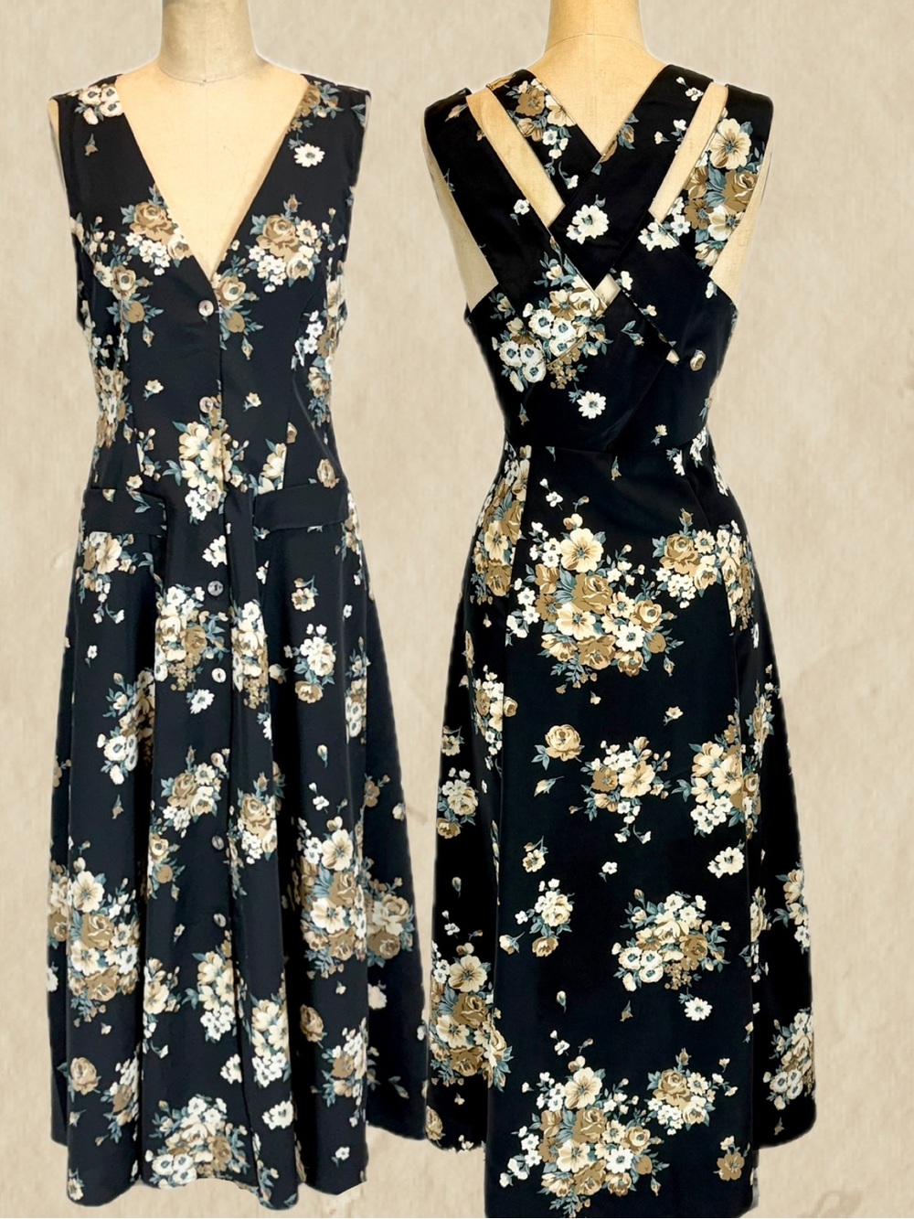 VINTAGE 90s dark moody floral sundress sun dress strappy woven back jumper black